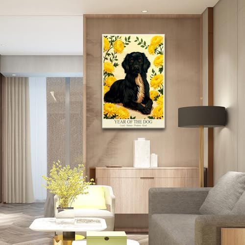 Chinese Lunar Year Of The Dog Wall Art - Black Dog & Yellow Chrysanthemum Canvas Print for Home Decor - Loyal Honest Prudent Kind Theme 20X30 in Black Framed - Image 7