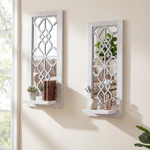 ZEXUIRU 2 Set Rustic Candle Sconces Living Room Bedroom Entryway Wood Mirrored, Farmhouse, Carved Frame Wall-Mount Wooden Candle Holders Wall Decor Hanging Handmade Holder - Distressed White by ZEXUIRU