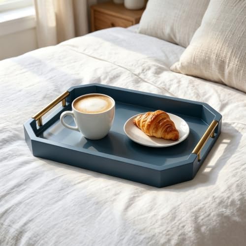Decorative Wood Serving Tray with Polished Gold Handles, Octagon MDF Tray, Glossy Finish, 16x12 Inch, for Coffee Table, Ottoman (Blue) - Image 4