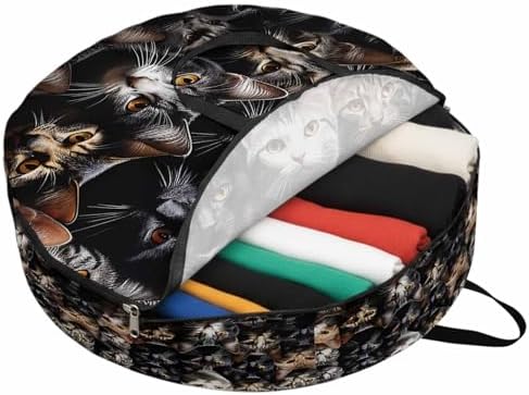Cat Round Storage Bag 30 Inch, Pet Animal Cat Ears Eyes Clothes Storage Container with Handles Heavy Duty Organizer for Comforter, Bedding & Holiday Wreaths by Unknown