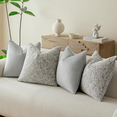 a moment Grey 4 Pack Throw Pillow Covers - Chenille & Velvet Set with Piping, Farmhouse Textured Design Pillow Cases for Couch Sofa Bed Livingroom (20x20 Inch, No Insert) - Image 2
