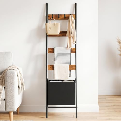 HOOBRO Blanket Ladder with Basket, 17.3" L x 74" H, Towel Rack with Hooks, Blanket Holder Rack, Decorative Ladder Shelf, Drying and Display Rack for Bathroom, Living Room, Rustic Brown BF111CJ01 - Image 3