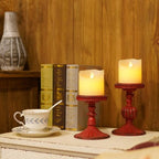 SOFFEE DESIGN 2 Pcs Antique Resin Pillar Candle Holder Sets, Vintage Cylindrical Candlestick Stand Home Decor for Dining, Living Room, Mantel, Table Centerpiece, Retro Red Candleholder Decor - Image 2