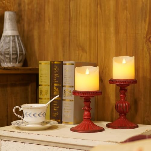 SOFFEE DESIGN 2 Pcs Antique Resin Pillar Candle Holder Sets, Vintage Cylindrical Candlestick Stand Home Decor for Dining, Living Room, Mantel, Table Centerpiece, Retro Red Candleholder Decor - Image 2