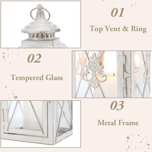 TRIROCKS Set of 2 Vintage Hanging Lantern - 13.5'' Decorative Metal & Tempered Glass Candle Holder - Ideal for Indoor/Outdoor Events, Patio, Garden, Parties White & Gold Brush Finish - Image 4