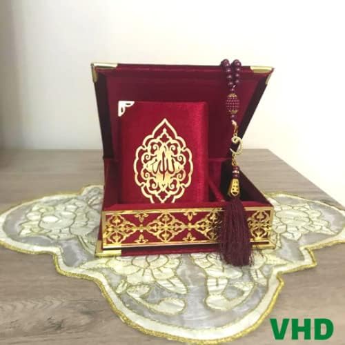 VOGUEHOMEDECOR Velvet Covered Quran Tasbeeh Islamic Gift Set, Holy Quran Prayer Beads Wooden Gift Box, Islamic Birthday, Wedding, Graduation, Eid, Ramadan Gift Favor (Claret Red) - Image 2