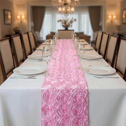 4 Pcs Rosette Table Runner 14x108 Inch for Wedding, Pink - Image 3