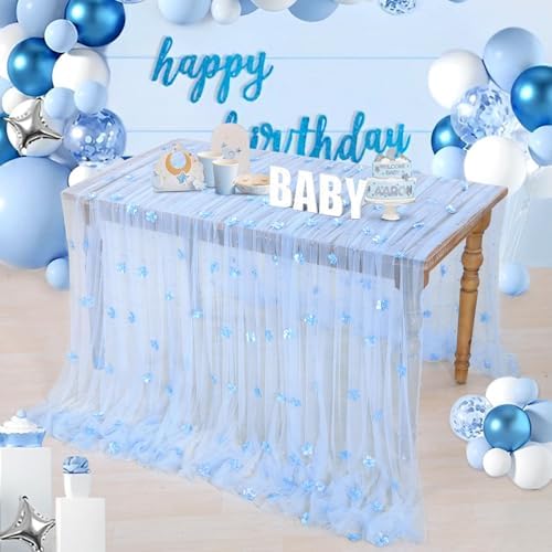 3 Pack Baby Blue Floral Pearl Tulle Tablecloths 10ft Sheer Table Linens - Image 4