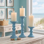 Set of 3 Light Blue Candle Holders Rustic Farmhouse Mango Wood Candlestick Holder Large Pillar Candle Stand Vintage Antique Home Decor for Table Centerpieces Fireplace Mantel, 12", 9", 6" H - Image 4