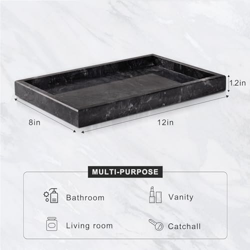 Marble Bathroom Tray for Countertop & Home Decor, Natural Decorative Marble Tray for Jewelry & Perfume Organizer, Luxury Stone Vanity Trays for Dresser, Kitchen Counter, 12" x 8", Gray Black - Image 3