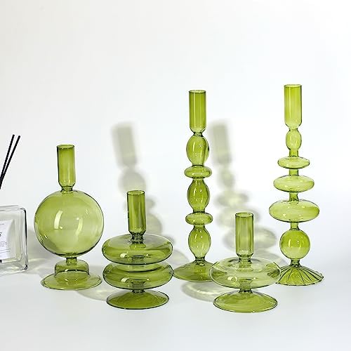 Rtteri 5 Pcs Glass Candlestick Holders Colorful Glass Taper Candle Stand Groovy Candlestick Wavy Boho Chic Clear Bases Holders Elegant Vase for Home Party Centerpiece(Green) - Image 6