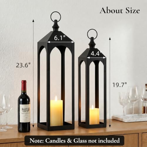 24" & 20" Large Outdoor Floor Lantern, Black Front Porch Decor - Image 2