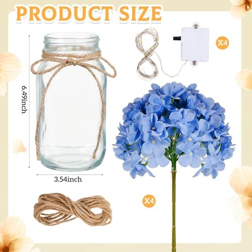 4 Sets Hydrangea Mason Jar Centerpiece with LED Lights for Wedding - Image 2