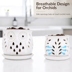 Set of 2 White Beige Vintage Owl and Leaves 4.5 + 6 Inch Orchid Pots with Holes, Premium Stoneware Ceramic Orchid Planters for Repotting with Drainage Holes - Image 2