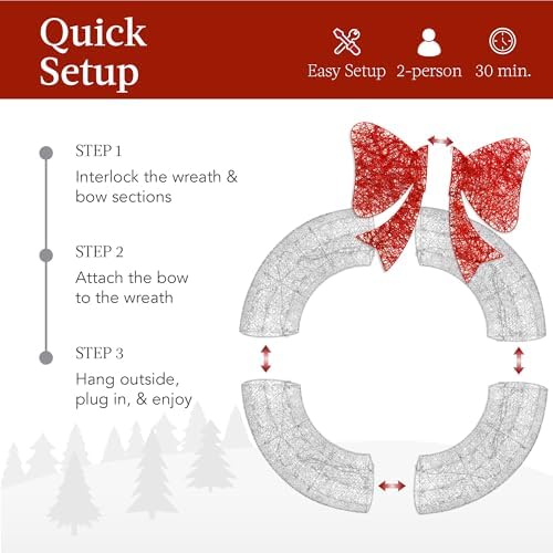 Best Choice Products 30in Pre-Lit Outdoor Christmas Wreath Decoration, LED Metal Holiday Decor for Home w/ 100 Lights, Bow - Silver/Red - Image 4