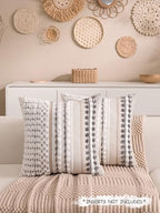 Boho Chenille Tufted Couch Throw Pillow Covers 18x18 Inch Set of 2 Farmhouse Striped Decorative Pillow Covers Accent Neutral Square Pillowcase Grey Cushion Covers for Livingroom Sofa Bed - Image 2