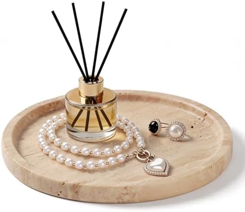 Natural Round Marble Tray - 7.8" Travertine Marble Vanity Tray for Dresser, Bathroom, Decorative Jewelry Dish for Perfumes Rings Earrings Necklaces, Stone Tray for Home Décor, Beige by Woduelka