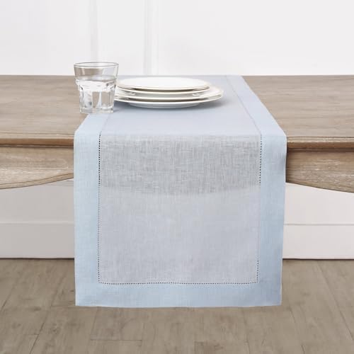Solino Home 100% Pure Linen Table Runner Blue, Classic Hemstitch 14 x 72 in by SolinoHome