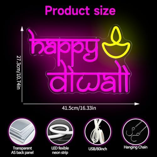 Happy Diwali Neon Sign for wall decor Festival Of Light Led Sign Happy Diwali Decorations Dimmable Diya Deepawali Neon Light Up Sign for Home Bar Decor Party Wall Room Bedroom Door Window - Image 4