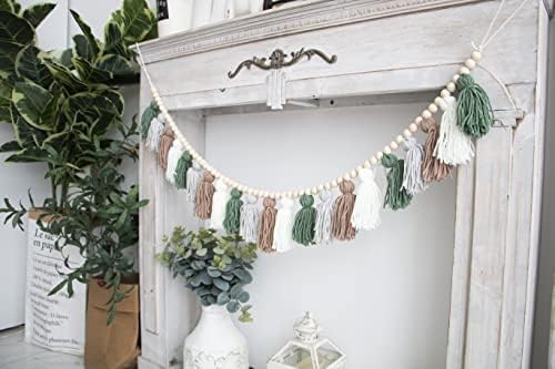 Tassel Garland - Boho Tassel Garland with Wood Beads - Wall Decor for Dorm, Girls Room and Nursery Room - Olive Green (50 inch) - Image 3