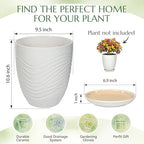 9.5 Inch Flower Pots for Indoor Plants,Ceramic Planter with Saucer Drainage Leak-Proof Mesh Gardening Gloves (Water-Ripple White) - Image 6