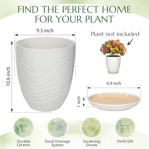 9.5 Inch Flower Pots for Indoor Plants,Ceramic Planter with Saucer Drainage Leak-Proof Mesh Gardening Gloves (Water-Ripple White) - Image 6