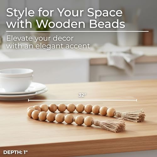 Wood Decorative Objects Bead Garland – Decorative Object Accent for Styling – Coffee Table or Shelf Display – Rustic Bead Tassels for Relaxed Accessories, Home Decor – 32", Brown - Image 2