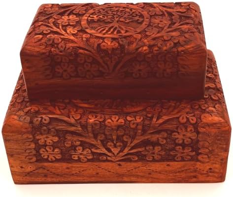 Handcarved Wooden Decorative Treasure Chest Box 8 x 5 Inch Brown Tree Of Life Pattern - Multipurpose Use as Sister gifts for Jewelry Storage, Watch Box, Grandma Gifts Pack fo 2 Boxes - Image 5