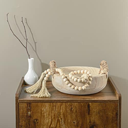 Paulownia Wood Bowl Rustic Wooden Dough Decorative Round Serving Key Bowl with Rope Handle and Wood Bead Garland for Christmas Tabletop Centerpiece Home Decor 9.5 inches - Image 6
