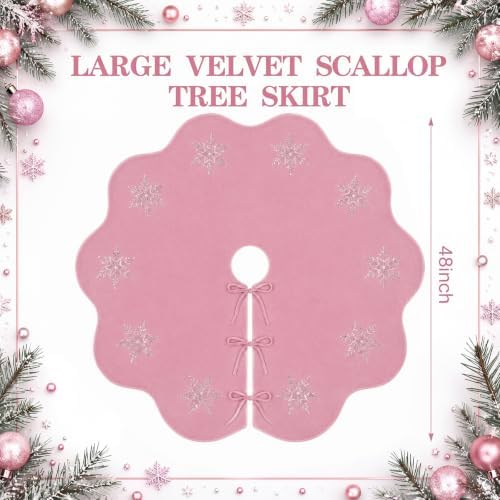 Hollowfly Dusty Pink Velvet Christmas Tree Skirt with Sequin Snowflake 48'' - Image 2
