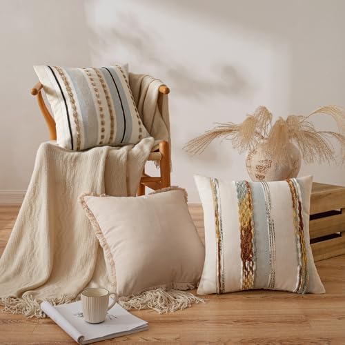 ANRODUO Boho Decorative Pillow Covers 22x22 Light Blue Stripe Pack of 2 - Image 2