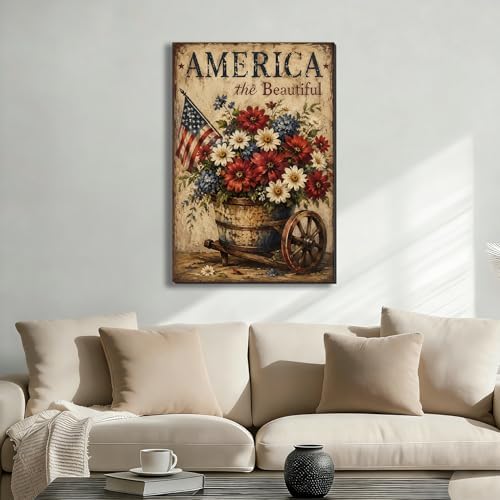 Ship Next Day - Framed Patriotic Wall Art Canvas, America the Beautiful Floral Painting, Rustic Farmhouse USA Flag Canvas Print for Living Room, Kitchen, Bedroom, Office, Made in USA - Image 2