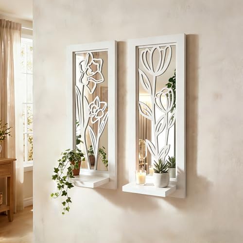 ZEXUIRU 2 Set Rustic Candle Sconces Living Room Bedroom Entryway Wood Mirrored, Farmhouse, Carved Frame Wall-Mount Wooden Candle Holders Wall Decor Hanging Handmade Holder - Distressed White by ZEXUIRU