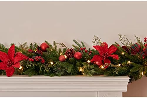 9Ft Poinsettias Pre-lit Christmas Garland 50 LED Lights Battery Operated,Holiday Decoration Fireplace Stairs Mantle Door Indoor Outdoor - Image 5