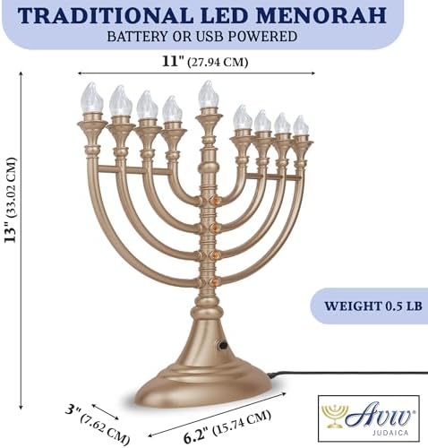 Traditional LED Electric Hanukkah Menorah - Battery or USB Powered, Includes Micro USB Cable (Matte Gold, 6) - Image 3