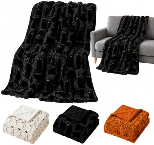 Halloween Plush Throw Blanket, 60 x 67 Inch Faux Fur Cozy Seasonal Throw with Raised Embroidered Black Cat Pumpkin or Ghost Details for Couch, Bedroom Living Room Fall Party Decor (Black Cat) by Unknown