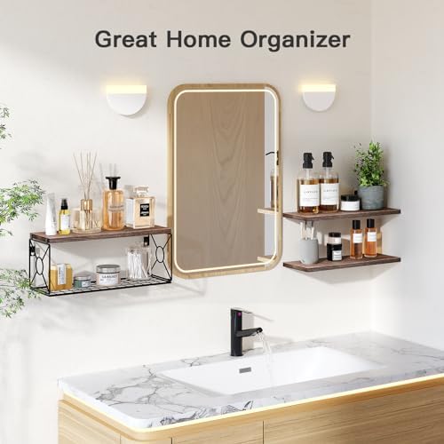 Amada Bathroom Shelves with Storage Basket, Set of 3, Rustic Brown - Image 4
