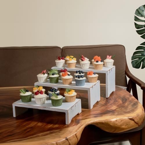 DAOYOUSKY Set of 3 Wooden Rustic Cupcake Stand for 24 Cupcakes, Stepped Wood Display Stand for Weddings, Tiered Party Buffet Table Display Nesting Riser for Food , Dessert, Cookie, Craft Show, White - Image 2