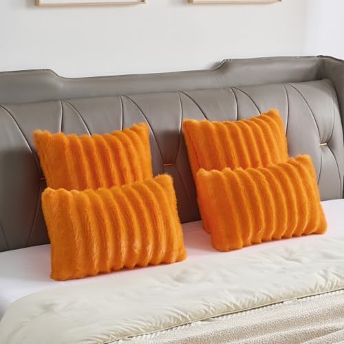 FUTEI Pack of 2 Faux Mink Fur Throw Pillow Covers 22x22 Inch, Orange - Image 6