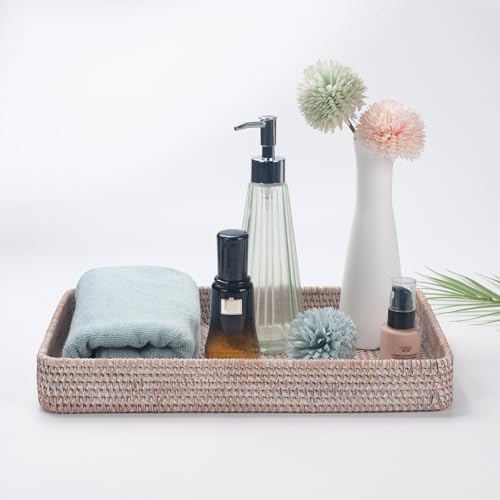 Rattan Serving Tray, Rectangular Woven Tray, Natural Wicker Decorative Serving Baskets for Organizing Tabletop Bathroom Kitchen Counter (White) - Image 4