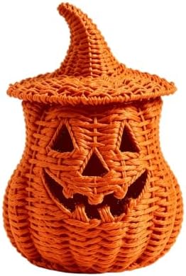 TREBIN 11'' Wicker Pumpkin Lantern Halloween Decor, Handwoven Rattan Halloween Candy Basket Jack O Lantern Candle Holder, Rustic Witch Hat Pumpkin Decoration for Tabletop Porch Mantel (Single-Saffron) - Image 7