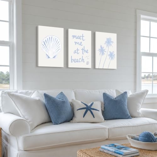 Framed Coastal Granddaughter Wall Art Set of 3, Blue Shell Palm Tree Wall Decor Print Poster, Meet Me At The Beach Room Aesthetics Canvas Painting for Dorm Girly Room Bathroom Decoration 16x24 inch - Image 6