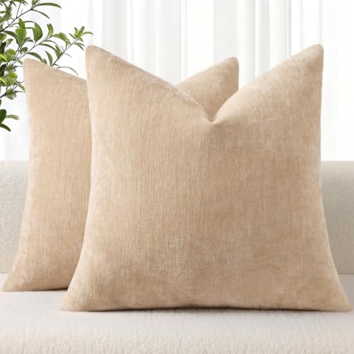 decorUhome Fall Chenille Pebble Beige Throw Pillow Covers 26x26 Inch Set of 2, Decorative Soft Couch Pillow Covers Solid Dyed Accent Euro Sham Farmhouse Neutral Square Pillow Cases for Sofa by decorUhome