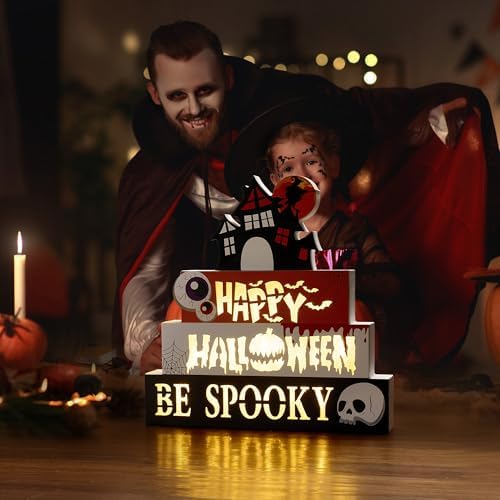 Halloween Decorations Indoor 9.4" 4-Tier Wooden Block Set with Glowing 3D Letters, Witch's House Topper, Battery Operated Spooky Halloween Décor Built-in Timer for Home, Mantel, Shelf, Table Decor - Image 7