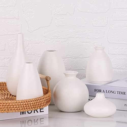 Set of 6 Matte White Small Vases for Flowers, Ceramic Bud Vase Bulk Boho Centerpieces for Tables, Mini Short Vase Modern Bulk Wedding Centerpieces Ikebana Vases for Bridal Shower/House Warming Gift - Image 5
