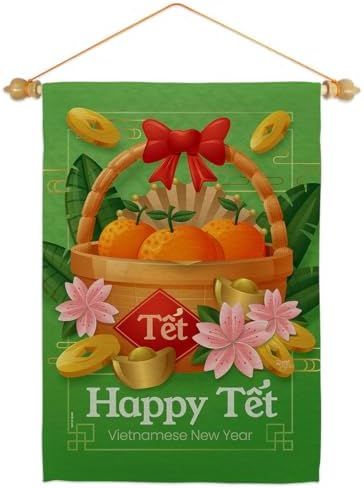 Vietnamese New Year Tết Flag Wood Dowel Set Wall Hanging Decor Home Accent Porch TẾT VIỆT Banner Quote Canvas Poster Yard Sign Textile Vietnam Holiday Tết Nguyên Đán Lunar New Year Decoration Gift by Breeze+Decor