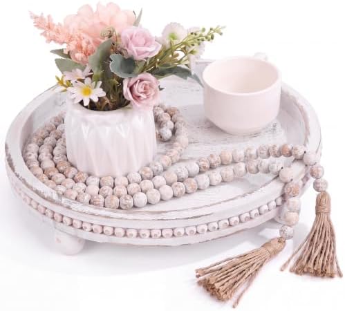 Mumufy 12" Round Decorative Tray with 58" Bead Garland, Rustic White by Mumufy