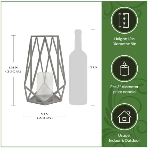 National Tree Company 12 in. Candle Lantern, Glacier Gray Powder-Coated Steel Lantern with Glass Chimney, Indoor/Outdoor Pillar Candle Holder - Image 5