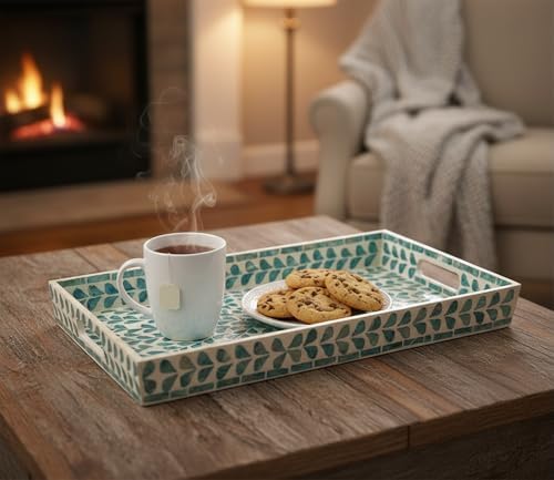 PEMAR Rectangular Mother of Pearl Serving Tray Nacre Wood Lap Ottoman Tray for Coffee Table, Luxury Decorative Handmade Eating Platters w Insert Handles (Teal Floral Pattern) - Image 2
