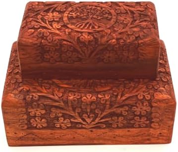 Handcarved Wooden Decorative Treasure Chest Box 8 x 5 Inch Brown Tree Of Life Pattern - Multipurpose Use as Sister gifts for Jewelry Storage, Watch Box, Grandma Gifts Pack fo 2 Boxes - Image 3